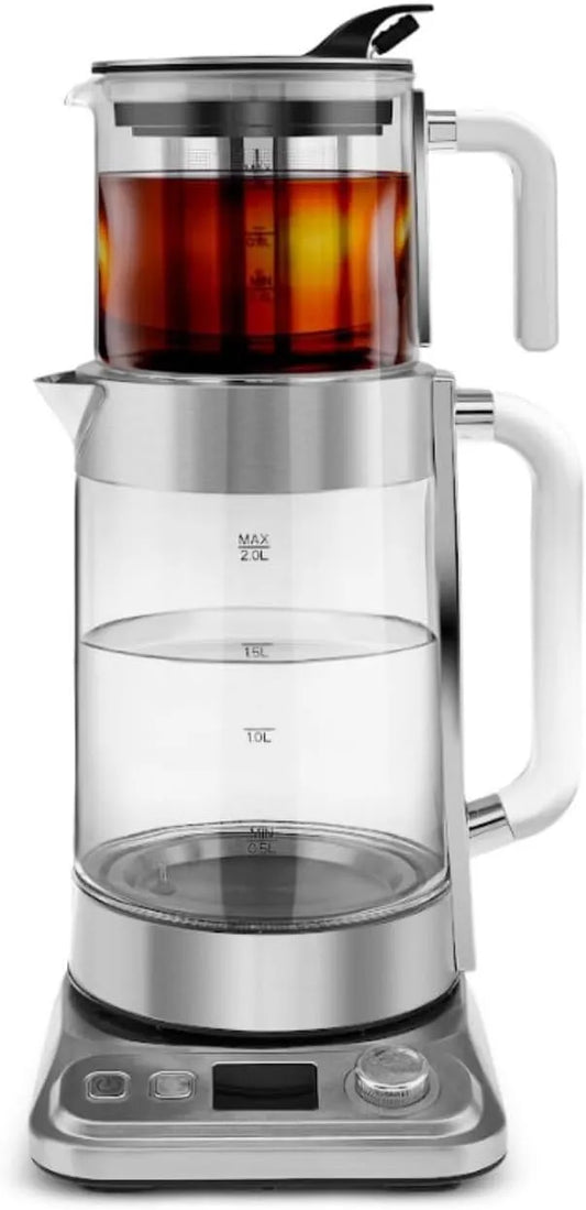 Karaca bouilloire électrique, puissance 2200 W, Mode Eco, Multi-température, Chromé, de 2 l et théière en verre de 0,8 l, X Refika XL