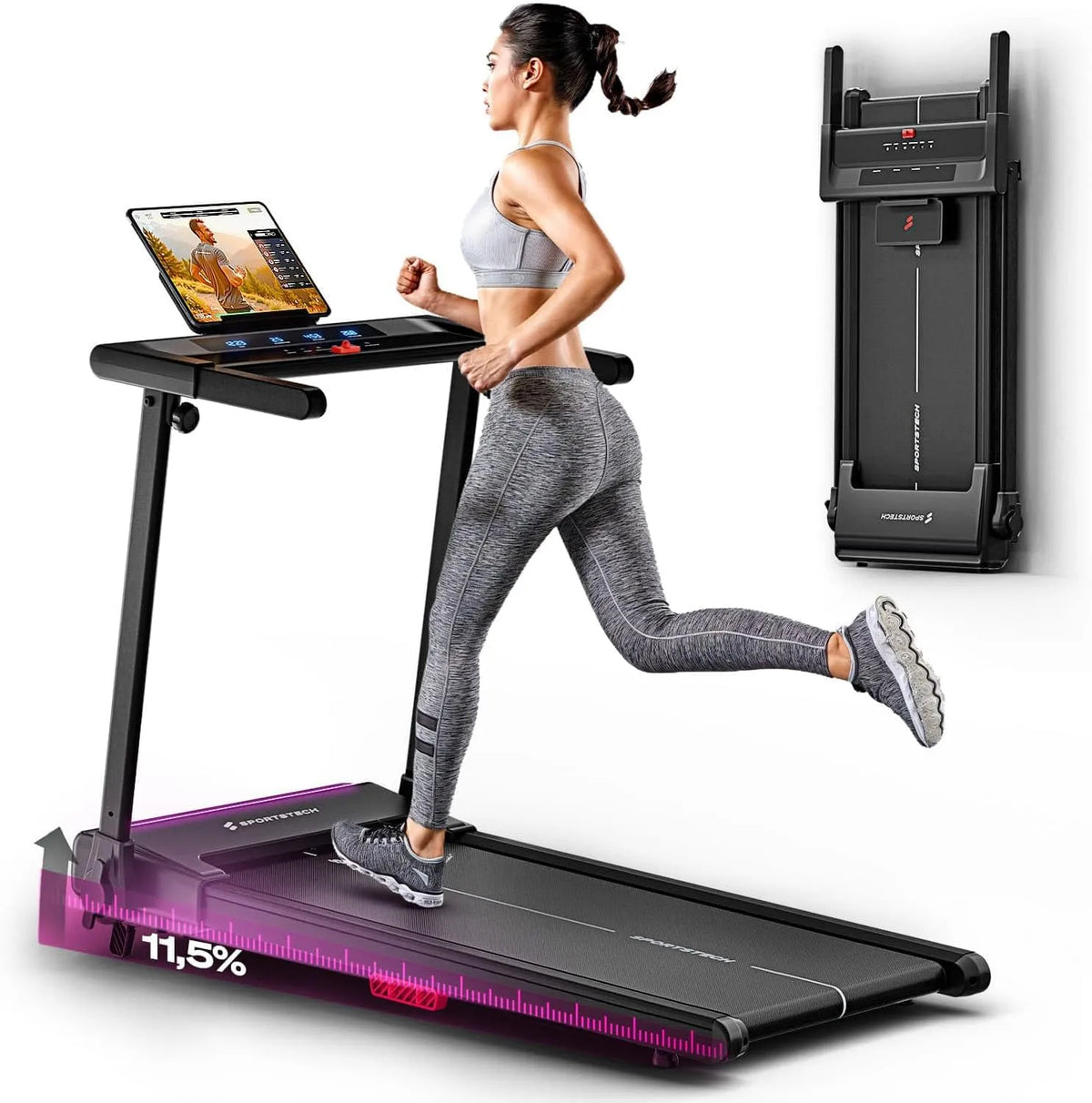 Tapis de Course Pliable Sportstech sProRun, Vitesse jusqu'à 12 km/h, avec Inclinaison de 9%, pour la Maison, capacité maximale de 120 kg