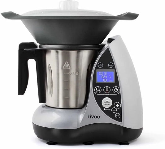 Modèle DOP142G Livoo, 12 fonctions, capacité 3L, 12 niveaux de puissance, minuterie 60 min, 20°C à 120°C, Robot culinaire chauffant, finition grise