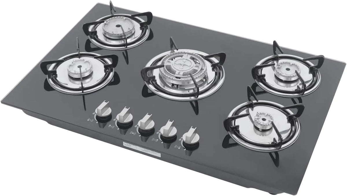 Plaque de cuisson, 5 feux, 5 flammes, 5 zones, de cuisson à gaz, intégrée, en verre, allumage rotatif, avec dispositif ignifuge