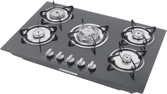 Plaque de cuisson, 5 feux, 5 flammes, 5 zones, de cuisson à gaz, intégrée, en verre, allumage rotatif, avec dispositif ignifuge