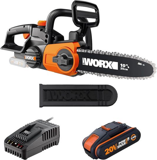 Worx tronçonneuse WG322E.1, sans fil 20V, guide de 25 cm, Livrée avec 1 batterie 2Ah et chargeur, Légère, compacte, indicateur de niveau d'huile