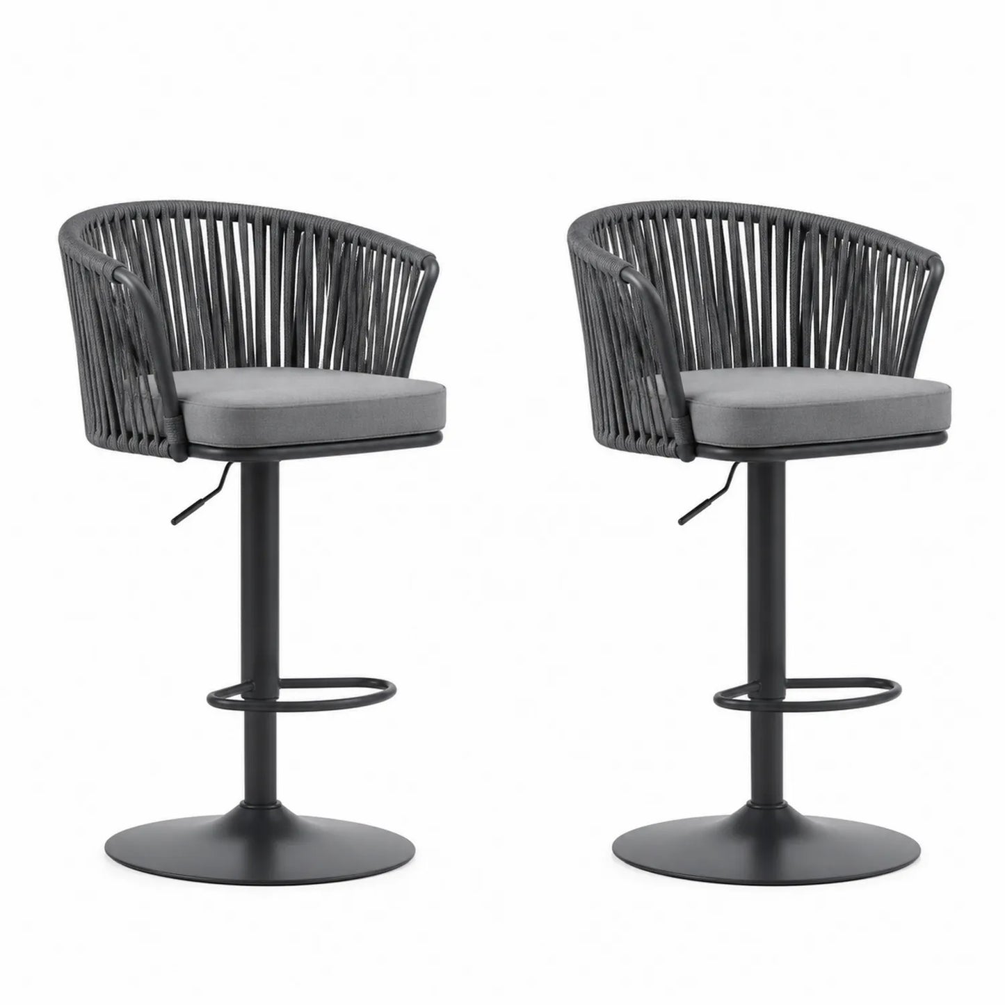 Lot de 2 tabourets de bar réglables en métal avec assise en corde polyester et coussin gris
