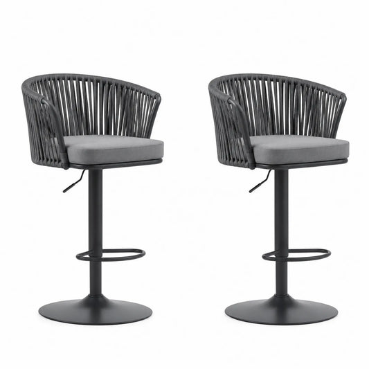 Lot de 2 tabourets de bar réglables en métal avec assise en corde polyester et coussin gris