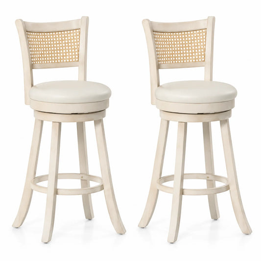 Tabourets de bar pivotants en bois avec dossier en rotin et assise en similicuir beige 76cm - Lot de 2
