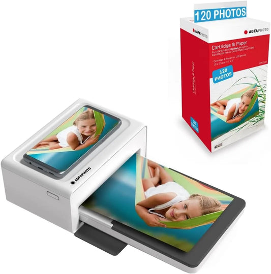 Imprimante 4Pass AgfaPhoto Pack, Impression Bluetooth Photo 10x15 cm Smartphone et Android, Sublimation Thermique, finition blanche