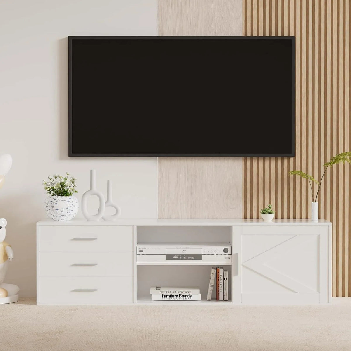 Meuble TV, Meuble de Télévision en Bois pour Salon en finition blanche, finition noire, Moderne 160–180 cm avec 3 Tiroirs