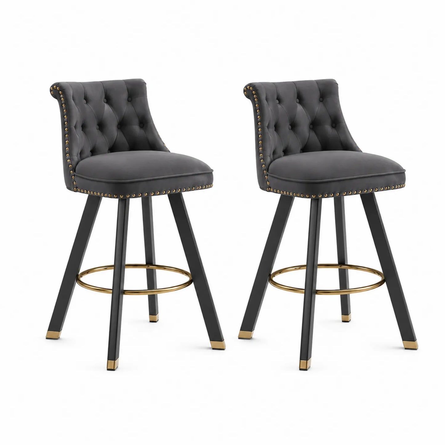Tabouret de bar velours gris avec pieds en métal noir et repose-pieds doré, lot de 2