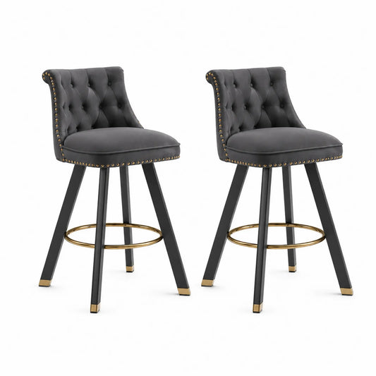 Tabouret de bar velours gris avec pieds en métal noir et repose-pieds doré, lot de 2
