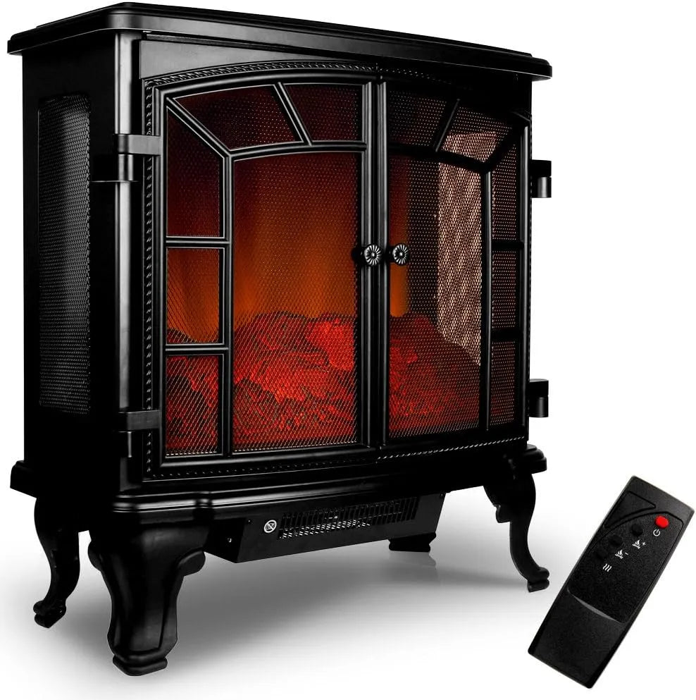 Cheminée électrique DEUBA, Effet Flamme LED Double Porte 2000W 2 Niveaux de Chauffage minuteur radiateur Chauffant cheminée décorative finition noire