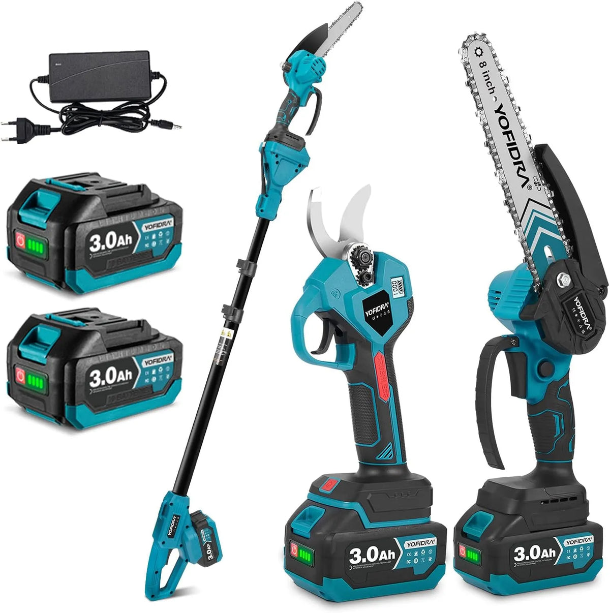 Tronçonneuse, Yofidra Kit 4-en-1 d'Élagueuse et sur Perche, avec 2 Batteries 3,0 Ah, Portée Maximale Jusqu'à 4,2 m