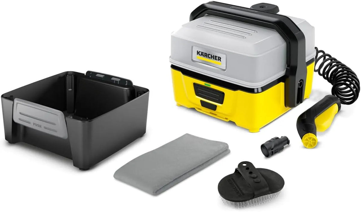 Nettoyeur à Pression Mobile OC 3 + Kit Animaux Kärcher, Débit: 2 L/h, Réservoir: 4L, Tuyau: 2,8 m, Buse à Jet Plat, Buse Conique, Brosse Pet