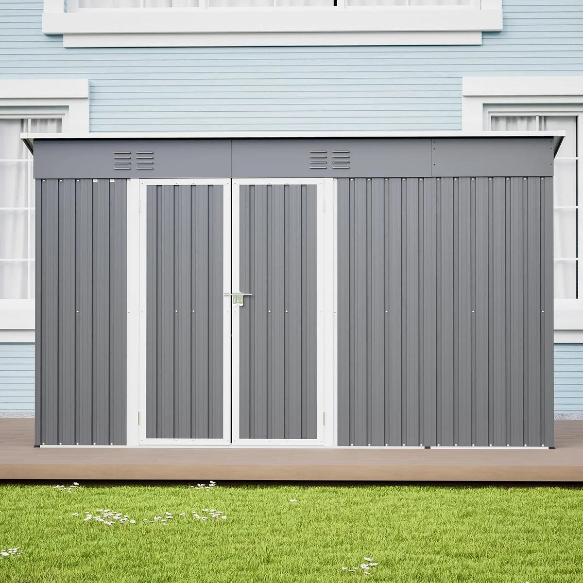 Abri de jardin 4FT, Porte verrouillable 107 cm, métal, Résistant à la Pluie et UV, Cabanon de Rangement extérieur 311x123x181 cm, finition grise
