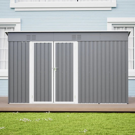 Abri de jardin 4FT, Porte verrouillable 107 cm, métal, Résistant à la Pluie et UV, Cabanon de Rangement extérieur 311x123x181 cm, finition grise