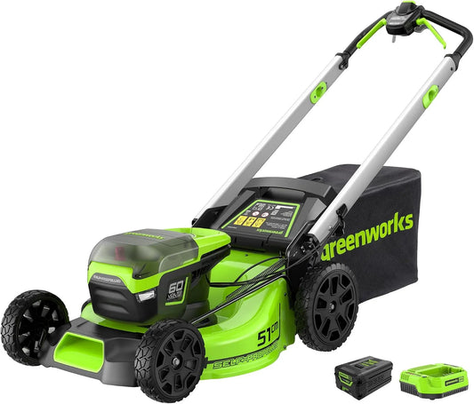 Greenworks, Nascower Pro 60 V 51 cm Brushless, sans Fil Hauteur de Coupe 25-85 mm Poignée Pliante Stockage Vertical, avec Sac de 60 litres