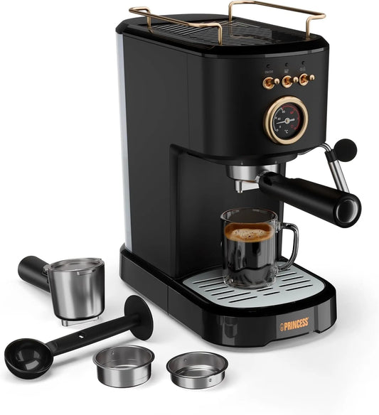 Princess Machine à Expresso, puissance 1100W, 20 Bars, Réservoir 1,2L, 01.249417.01.001, Chauffe-Tasses, Buse Vapeur, Facile à Nettoyer
