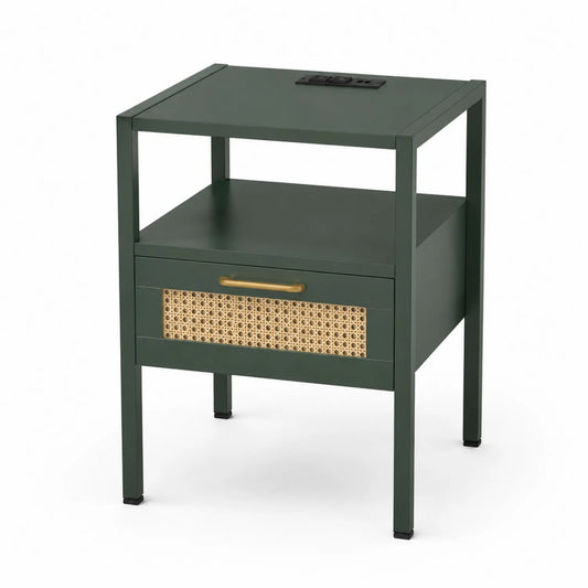 Table de chevet en métal vert avec tiroir en rotin