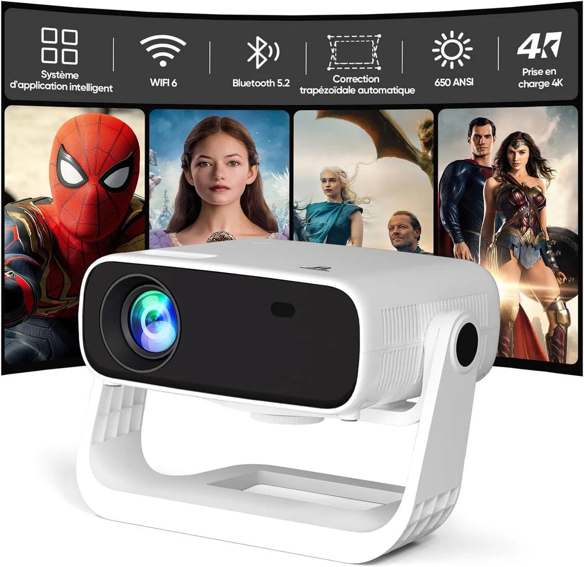 Videoprojecteur 2025 avec App Intégrée modèle 1080P 650ANSI, Retroprojecteur Supporté 4K WiFi Bluetooth, Correction Trapézoïdale Auto & 4P