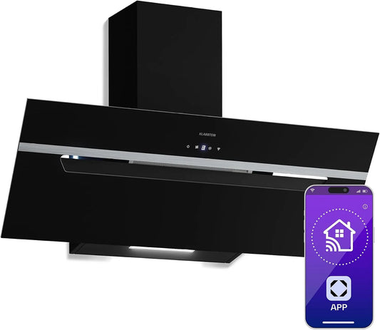 Klarstein hotte aspirante, BigBite 90 cm, Hotte Décorative Inclinée, 417 m³/h, 3 niveaux de vitesse & Boost, Filtre Charbon, LED, Tactile