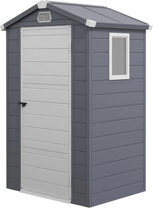 Abri de jardin Outsunny, dimensions 133 x 102 x 208 cm, en plastique, ouverture d'aération, fondation, finition grise foncé, de 1,1 m², fenêtre