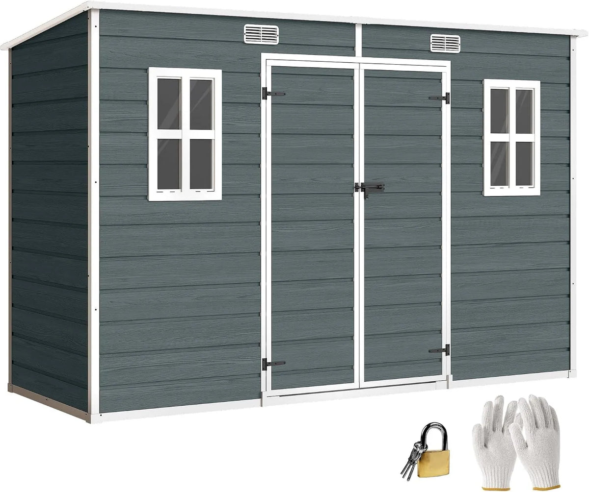 Abri de jardin Outsunny, générateur, avec Plancher, Portes verrouillables et aérations, Effet Bois finition grise, en Plastique 10 x 4 Pieds, vélos