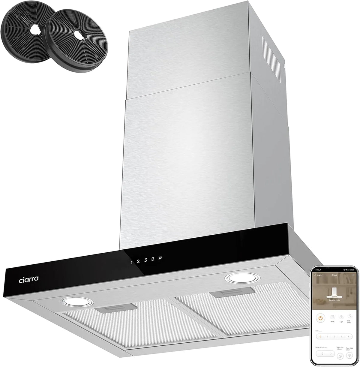 CIARRA hotte aspirante CBCS6102, 60cm A+++ 650 m³/h, 4 niveaux de vitesse & Boost, Silencieuse, Commande Tactile & WiFi, Éclairage LED Réglable, Inox
