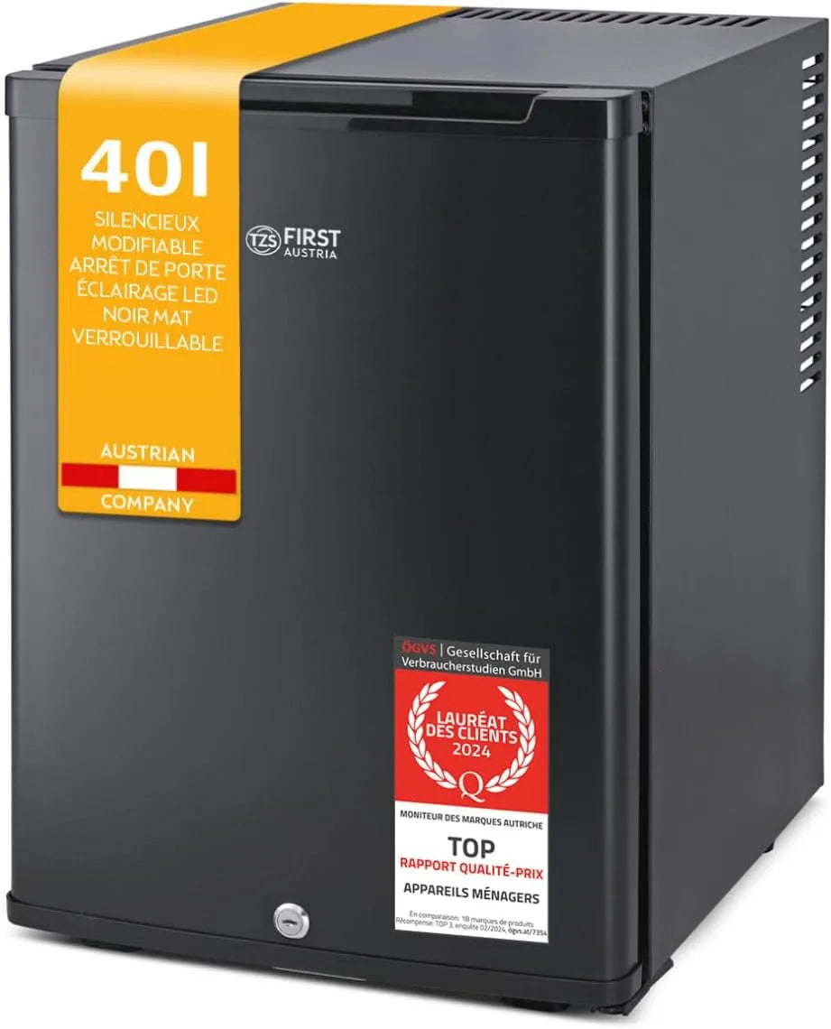 Réfrigérateur, TZS First Austria, Petit mini-frigo avec porte réversible et lumière intérieure, Mini 40L silencieux avec serrure, bureau