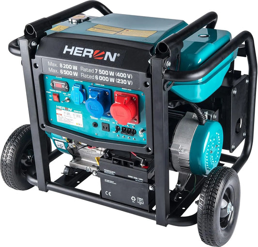 Générateur électrique Heron, électrique essence 17 CV I 8,2 kW, tension 400 V, et 6,5 kW, I avec réservoir de 28 l, 10,25 kVA