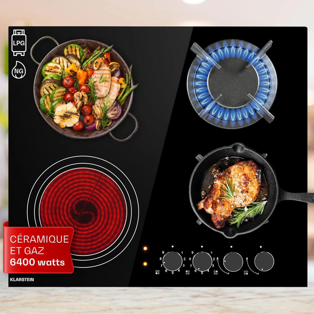Klarstein plaque de cuisson, de Cuisson Mixte 4 Feux, puissance 6.4kW, Vitrocéramique et Gaz, Acier Inoxydable