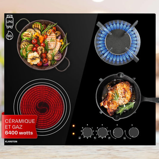 Klarstein plaque de cuisson, de Cuisson Mixte 4 Feux, puissance 6.4kW, Vitrocéramique et Gaz, Acier Inoxydable
