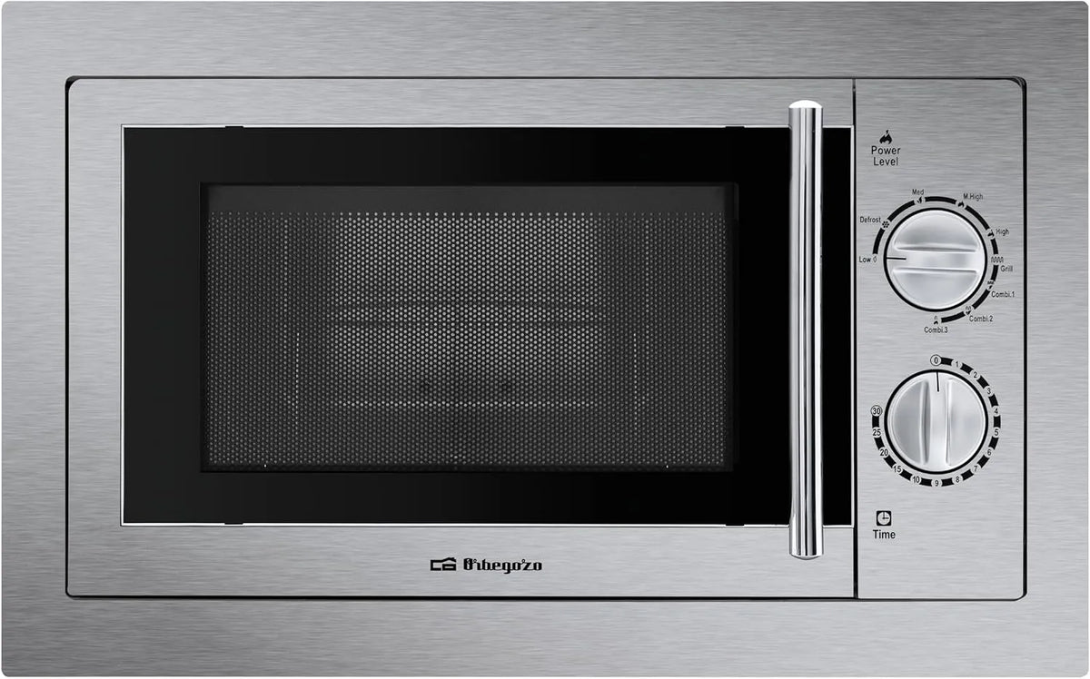 Four à micro-ondes MIG2033, capacité de 20 litres, Orbegozo encastrable Full INOX, finition grise, puissance du de 800 W et du grill de 1000 W, acier