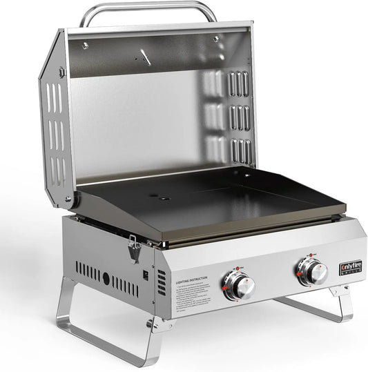 Barbecue à gaz onlyfire, 2 Brûleurs en Acier Inoxydable, Barbecue de Table avec Couvercle et Plaque de Gril en Céramique, Zone de Cuisson 45,8x36CM