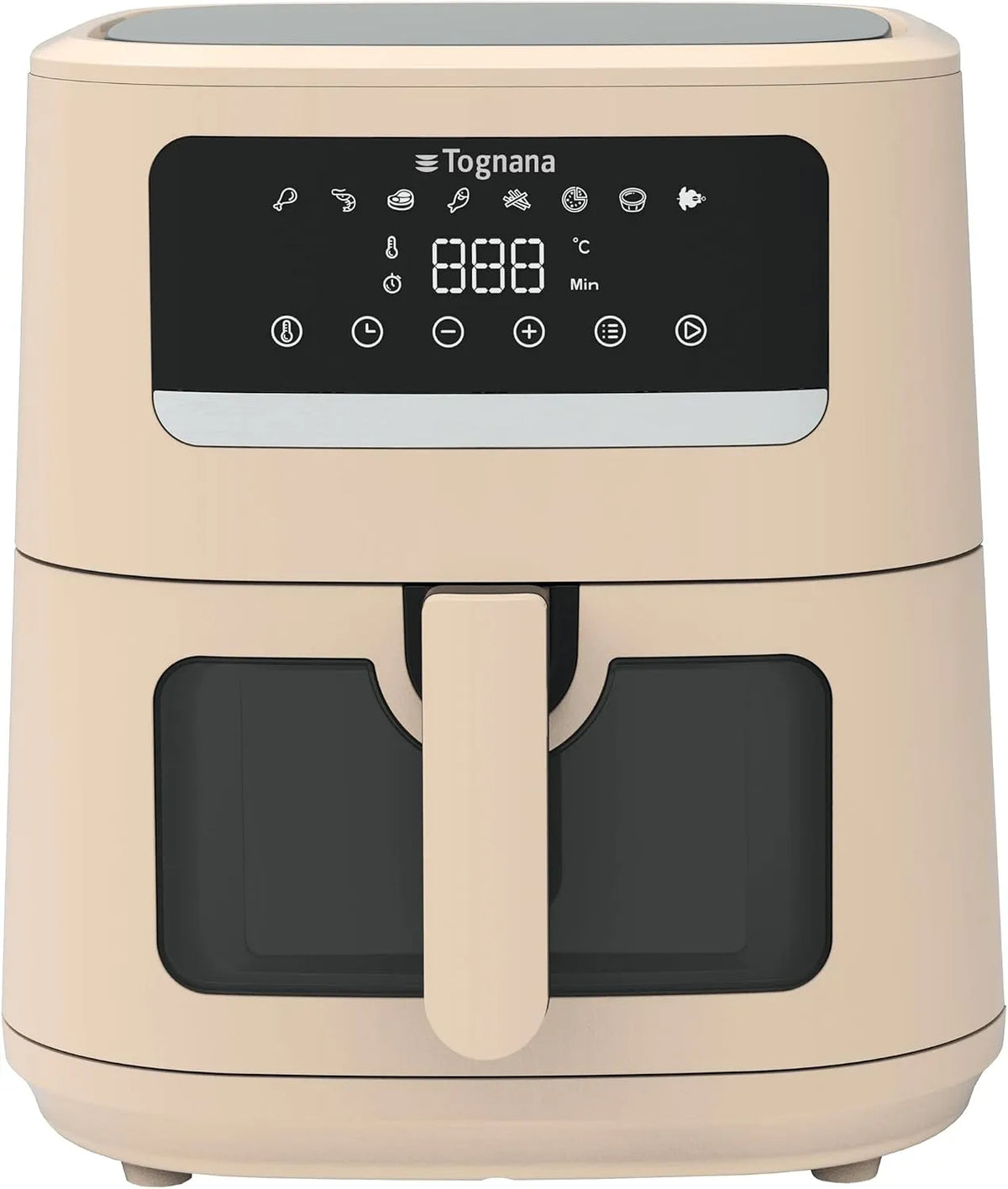 Friteuse à air chaud Tognana, puissance 2000 W, capacité 8L, 80-200 °C, double résistance, affichage numérique, minuterie, fenêtre, champagne