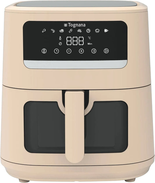 Friteuse à air chaud Tognana, puissance 2000 W, capacité 8L, 80-200 °C, double résistance, affichage numérique, minuterie, fenêtre, champagne
