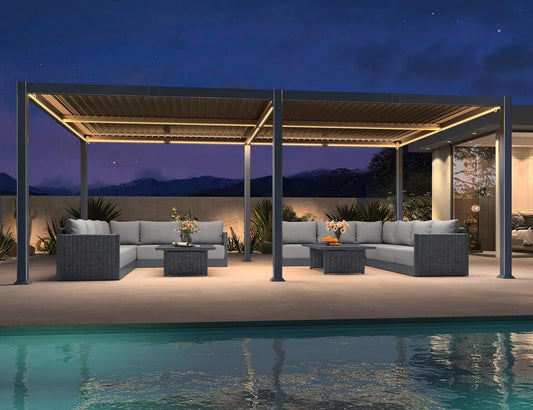 Pergola Bioclimatique 4 x en Aluminium, Tonnelle de Jardin Exterieur Imperméable avec Lames Orientables et LED, Anti‑UV, finition grise