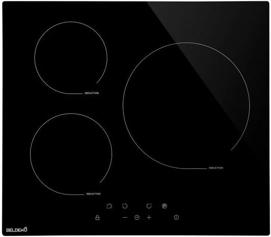 Table, 3 Foyers, puissance 5500W, Induction BELDEKO, Touches Tactiles, Verre finition noire