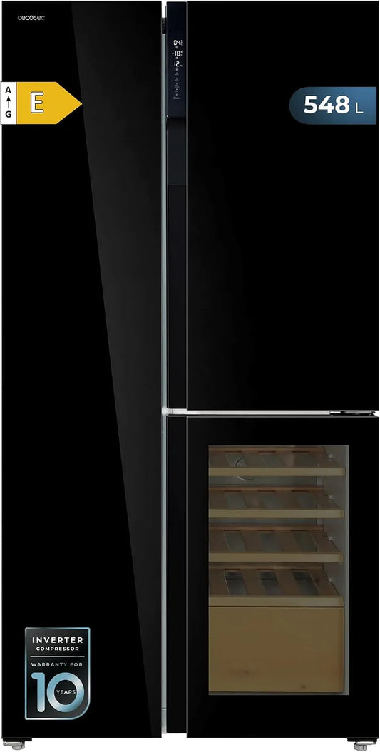 Cecotec réfrigérateur TDW 548, 3 Portes Bolero CoolMarket Black Glass E, classe énergétique E, Total No Frost, Multi AirFlow