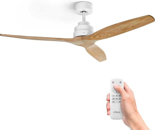 Ventilateur Ufesa, 6 niveaux de vitesse, 6 niveaux de vitesse, de Plafond CFTB, Télécommande, Bois Clair, finition blanche