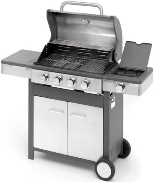 Barbecue à gaz, 4 brûleurs, P 58 x L 133 cm x H 115,5 cm, chariot avec armoire, thermomètre, grille en fonte émaillé
