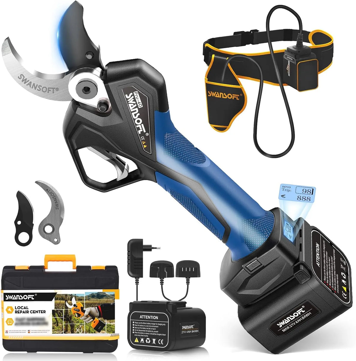 Modèle Secateur Electrique Professionnel PRU40 4Ahx2 SWANSOFT, 40mm 21V 1050W Sécateur Électrique, Sans Fil, bleu foncé