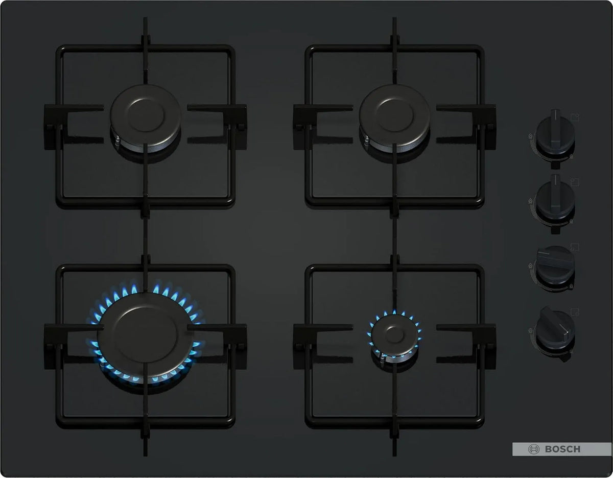 Bosch plaque de cuisson POP6B6K30, Série 2, gaz, largeur 60 cm, 4 feux, Verre trempé finition noire