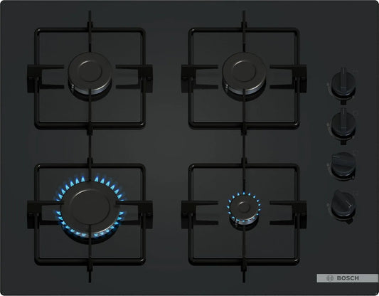Bosch plaque de cuisson POP6B6K30, Série 2, gaz, largeur 60 cm, 4 feux, Verre trempé finition noire