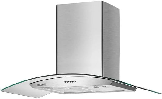 Murale Verre & Inox Hotte décorative, murale 90 cm Verre & Inox, Débit jusqu'à 559 m³/h, 200 Watts, 3 niveaux de vitesse + minuterie, BELDEKO