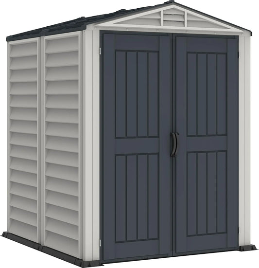 Abri de jardin, en plastique avec plancher en plastique robuste, ignifuge et sans entretien, finition grise foncé, structure de toit en métal robuste