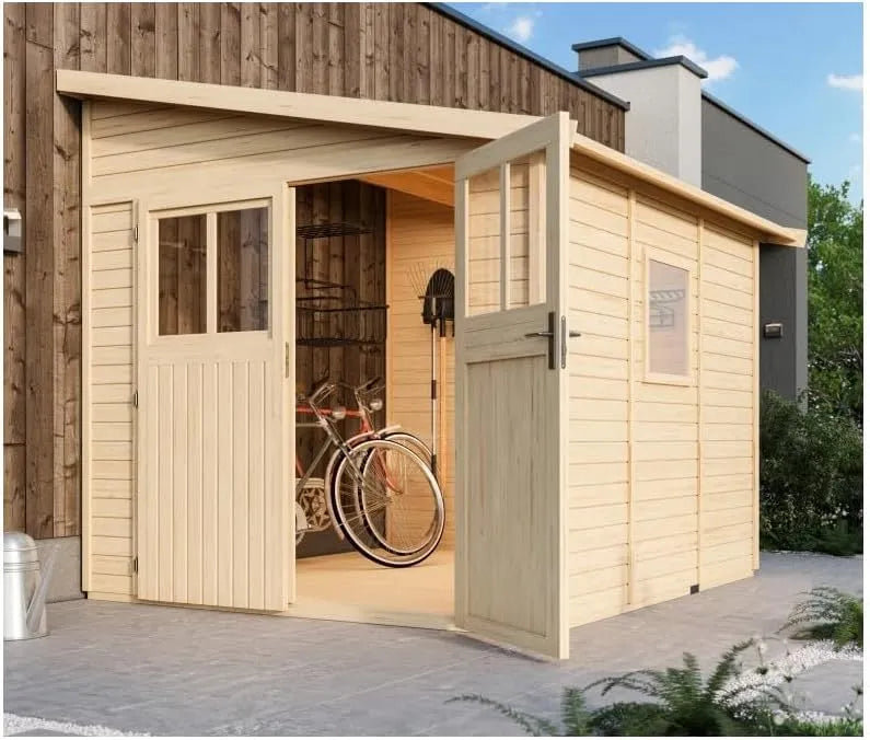 Abri de jardin, 6,23m², Karibu, Fenêtre Plexi, Kit Embase Traitée, Adossé Bomlitz 3 en Bois Massif 19mm, Toiture Voliges 16mm, Marron