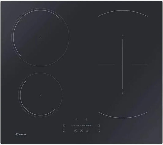 Candy plaque de cuisson CTP64SC/E1, 4 zones de cuisson, commande Mono Slider, minuterie, sécurité enfant, sans cadre, verre finition noire
