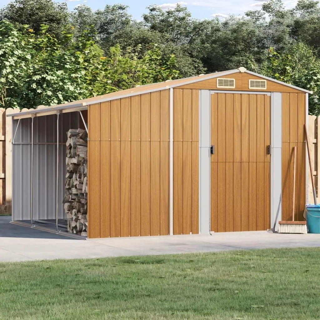 Abri de jardin, dimensions 277 x 279 x 179 cm, marron clair, acier galvanisé, housse de poubelle, extérieur maison d'outils