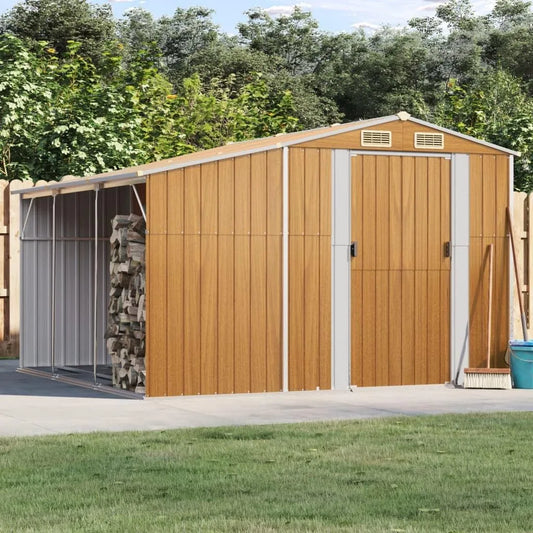 Abri de jardin, dimensions 277 x 279 x 179 cm, marron clair, acier galvanisé, housse de poubelle, extérieur maison d'outils