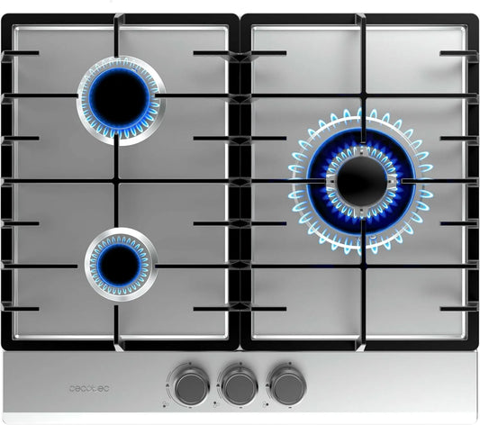 Cecotec plaque de cuisson 3200F, puissance de 6250W, grilles en fonte, sécurité des vannes pour naturel, à Bolero Squad G Inox. à gaz avec 3 feux