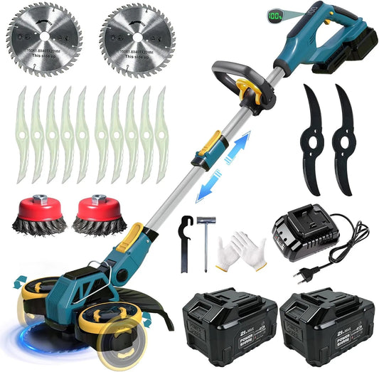 Débroussailleuse, Coupe Bordure sans Fil avec 2 x 4.0Ah Batterie, tension 21V à Batterie Brushless avec Brosse Désherbage, Roues, Bleu